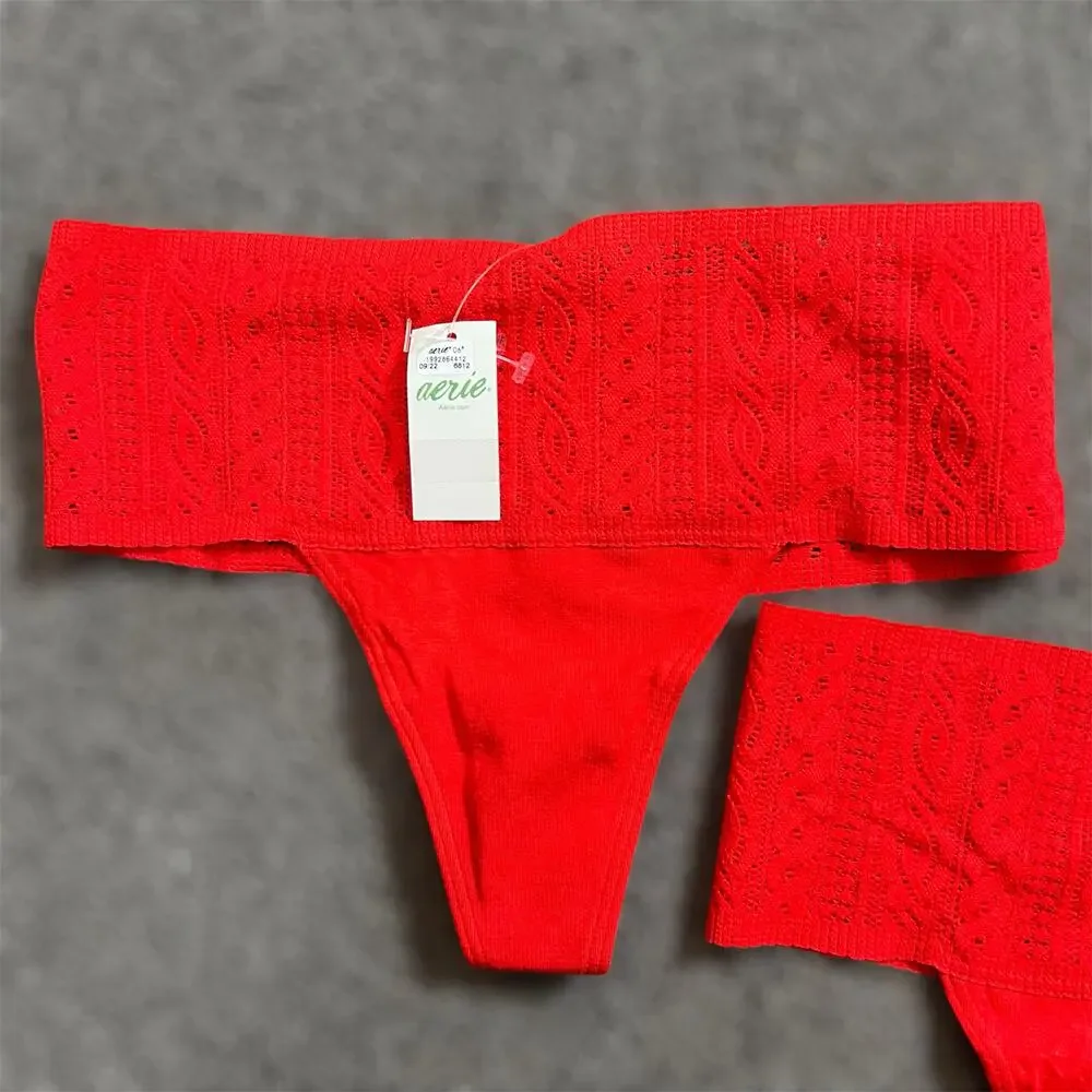2 Aerie Thong Panties Small Womens Red Cotton Cable Lace Undie Underwear Cheeky